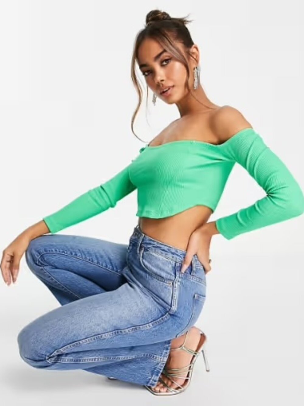 Miss Selfridge Green Bardot Corset Crop Top, Size US 4